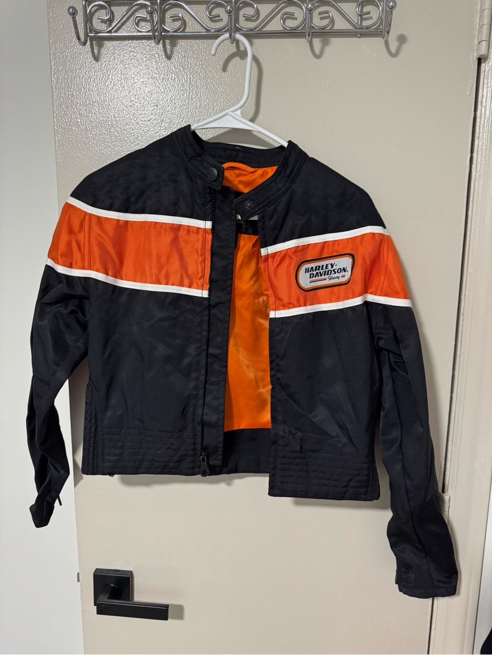 Harley-Davidson Black & Orange Women’s Puffer Jacket with White Trim- Size XS
